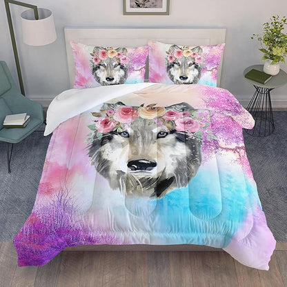 Wolf Comforter Set Tie Dye Wolf Bedding Set for Kids Teens Room Decor Romantic Pink Rose Wild Animals Comforter with 2 Pillowcases