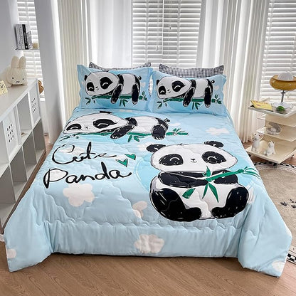 Wajade Kids Panda Comforter Set Bed in A Bag Twin Size 7 Piece Blue 3D Cute Panda Bamboo Clouds Bedding Set for Girls Boys (1 Comforter, 1 Flat Sheet, 1 Fitted Sheet, 2 Pillowcase and 2 Pillow Sham)