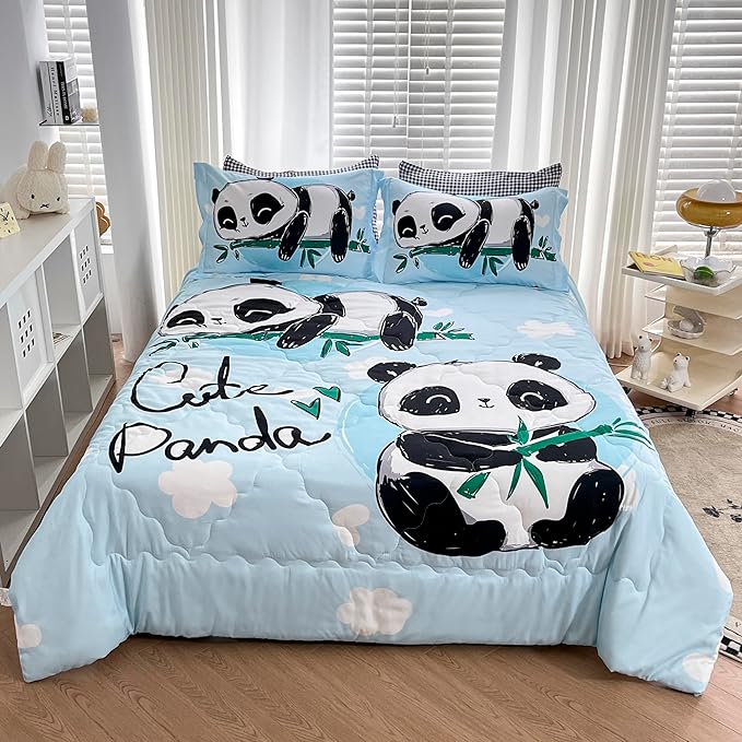 Wajade Kids Panda Comforter Set Bed in A Bag Full Size 7 Piece Blue 3D Cute Panda Bamboo Clouds Bedding Set for Girls Boys (1 Comforter, 1 Flat Sheet, 1 Fitted Sheet, 2 Pillowcase and 2 Pillow Sham)