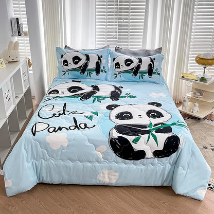 Wajade Kids Panda Comforter Set Bed in A Bag Full Size 7 Piece Blue 3D Cute Panda Bamboo Clouds Bedding Set for Girls Boys (1 Comforter, 1 Flat Sheet, 1 Fitted Sheet, 2 Pillowcase and 2 Pillow Sham)