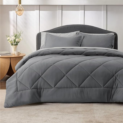 Bedsure Dark Grey Full Size Comforter Set - 7 Pieces Reversible Full Bed in a Bag, Full Bed Set Dark Grey with Comforters, Sheets, Pillowcases & Shams