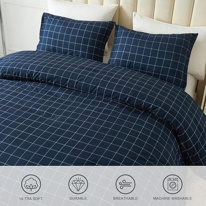 Andency Navy Grid Comforter Set King Size (104x90 Inch), 3 Pieces(1 Grid Comforter and 2 Pillowcases), Summer Lightweight Microfiber Down Alternative Navy Comforter with White Lines