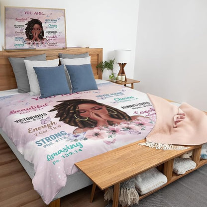 Kids Comforter Sets Full Size, Prayer Girl and African American Girl Inspirational Quotes with Floral Butterfly, Teens Bedding Sets for Girls Women (Full, Pink White)