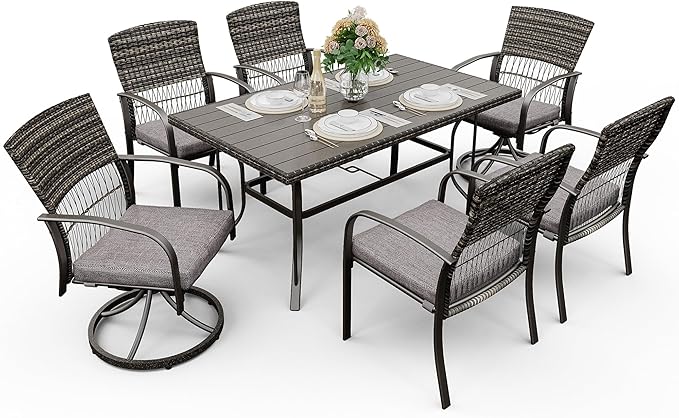 Pamapic 7 Piece Outdoor Dining Set, Rattan Outdoor Patio Furniture Set for Backyard with Iron Outdoor Dining Table, 4 Swivel Deck Chairs, 2 Wicker Chairs and Removable Cushions (Gray)