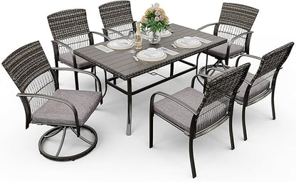 Pamapic 7 Piece Outdoor Dining Set, Rattan Outdoor Patio Furniture Set for Backyard with Iron Outdoor Dining Table, 4 Swivel Deck Chairs, 2 Wicker Chairs and Removable Cushions (Gray)