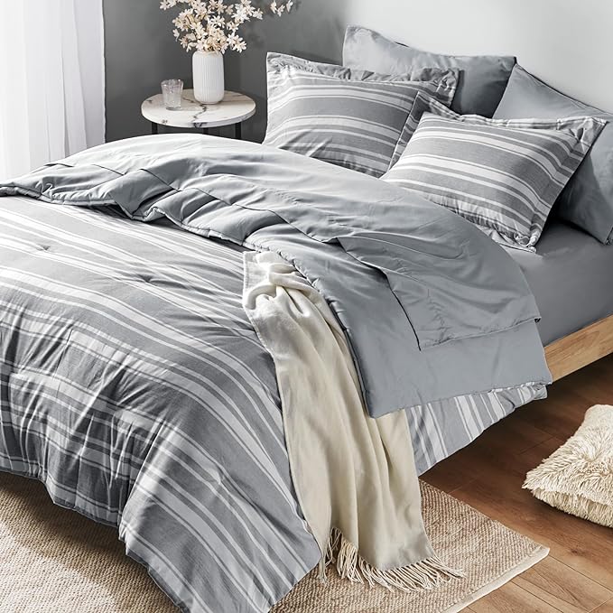 Full-size Bed in a Bag, Full Bedding Sets, Modern Farmhouse Grey and White Striped Comforter with Sheets, 7-Piece Complete Bedroom Set