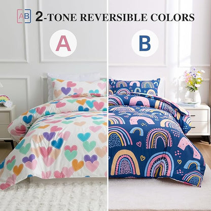 Btargot Lightweight Soft 3 Piece Rainbow Comforter Set with 2 Pillow Covers, Cartoon Love Hearts Suns and Stars Bedding Set for Girls Boys Kids, Full Dark Blue