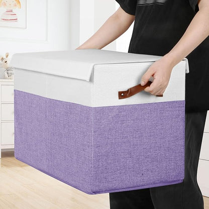 Large Toy Storage Box with Lid, Sturdy Toys Storage Chest Bin Organizer Basket with Dividers for Kids, Boys, Girls, Nursery, Closet, Bedroom, Playroom 25"x13" x16" (Purple and White)
