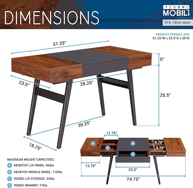 Techni Mobili Expandable Modern Storage Writing Desk, Mahogany