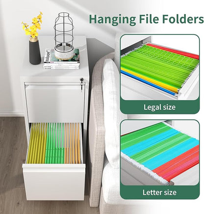2 Drawer File Cabinet with Lock, Metal Vertical Filing Cabinets for Home Office, Steel Storage Cabinet for Hanging Legal/Letter Size Files, Assembly Required (White)