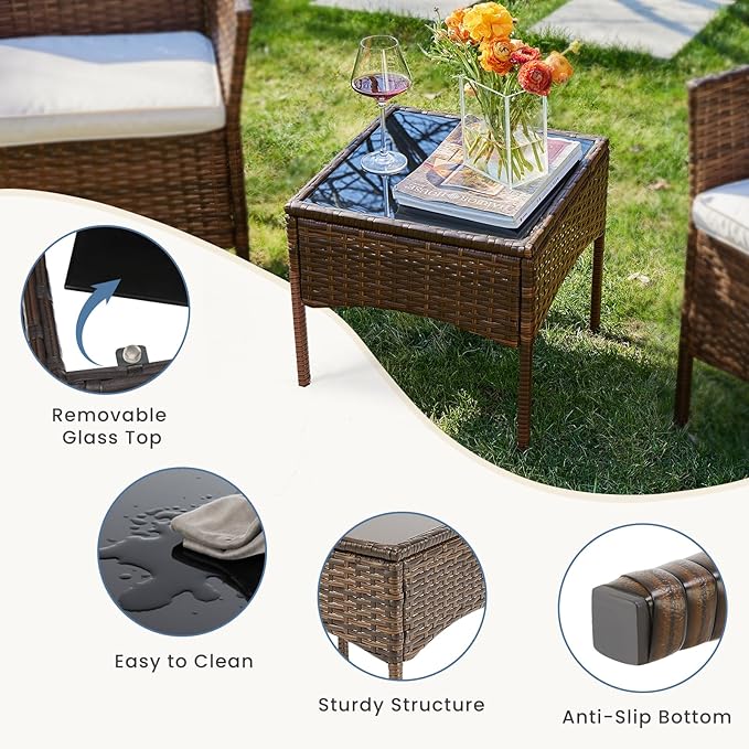 DUMOS Set 3 Pieces Outdoor Furniture with Soft Cushion and Glass Table, All Weather Manual Weaving Wicker Rattan Patio Chairs for Garden, Terrace, Porch, Lawns, Brown