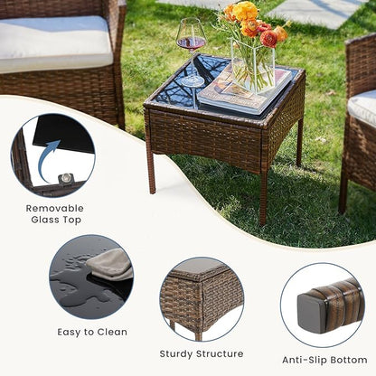 DUMOS Set 3 Pieces Outdoor Furniture with Soft Cushion and Glass Table, All Weather Manual Weaving Wicker Rattan Patio Chairs for Garden, Terrace, Porch, Lawns, Brown