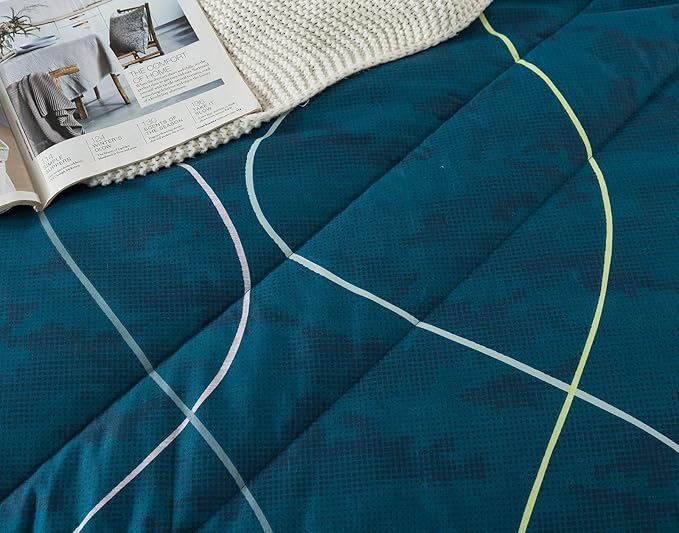 Blue Green Comforter Set King Size, 3 Pieces Modern Lines Pattern with Love, Soft Microfiber Bedding Comforter Set, Down Alternative Comforters for All Season (104 * 90’’)