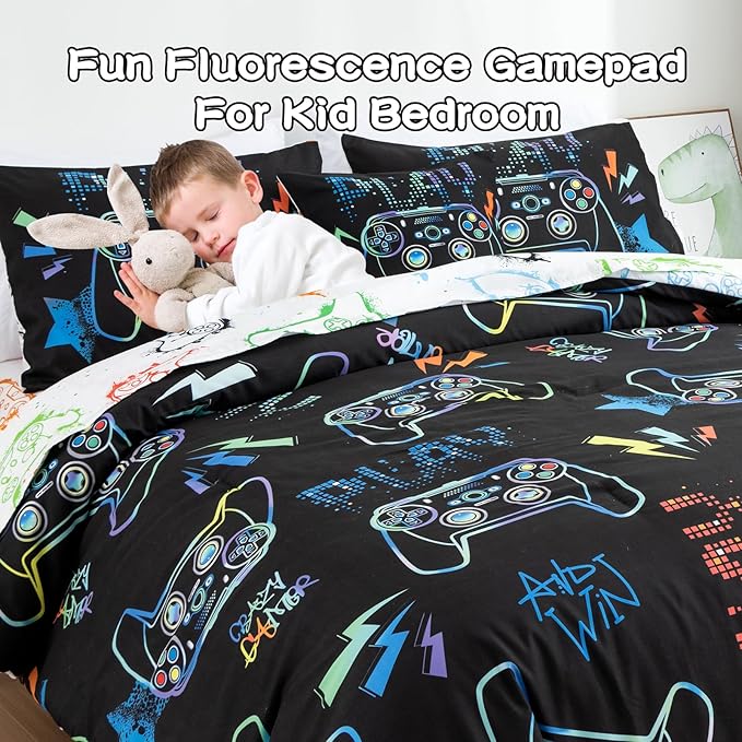 Meeting Story Gamer Gaming Bedding Sets Fluorescence Gamepad Comforter Set for Boys Games Console Action Buttons Novelty Colorful Modern Room Decor Home Quilt Set (Black, Twin6pcs)
