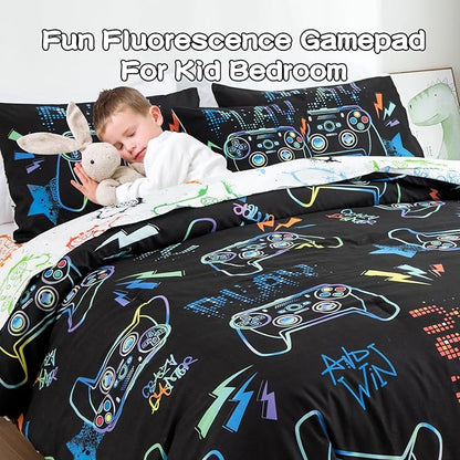 Meeting Story Gamer Gaming Bedding Sets Fluorescence Gamepad Comforter Set for Boys Games Console Action Buttons Novelty Colorful Modern Room Decor Home Quilt Set (Black, Twin6pcs)
