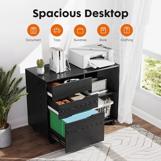 Sweetcrispy 3 Drawer File Cabinet Organizer Lateral Printer Stand Rolling Desk with Adjustable Storage Shelves for Office Home Small Space, Black Wood