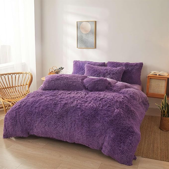 Fluffy dark purple comforters Cover twin size - Ultra Soft Plush red bedding Sets 2 Pieces (1 faux fur comforter Cover + 1 fuzzy pillow case) girls shaggy purple twin bed set (Dark purple, Twin)