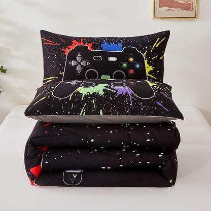 Gamer Comforter Sets Full Size for Boys Teen,Game Controller Colorful Comforter with 2 Pillowcases,Soft Microfiber Video Gaming 3 Piece Bedding Set for Game Lovers,All Season(Black,Full)