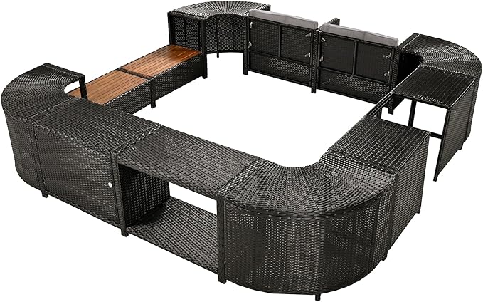 Outdoor Patio Furniture Set Spa Surround Quadrilateral Sofa with Wood Seatings, Rattan Sectional Couch w/Storage Space and Waterproof Cushions, for Yard Pool Backyard, Grey