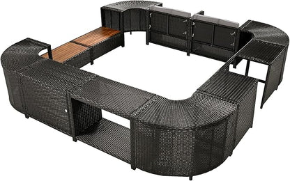 Outdoor Patio Furniture Set Spa Surround Quadrilateral Sofa with Wood Seatings, Rattan Sectional Couch w/Storage Space and Waterproof Cushions, for Yard Pool Backyard, Grey