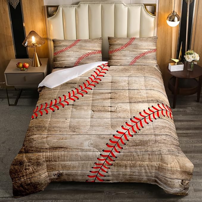 Erosebridal Baseball Bedding Set for Kids Boys Teens Queen,Sports Games Comforter Set Retro Rustic Wooden Board Quilt Duvet Sets American Baseball Country Down Comforter with 2 Pillow Cases