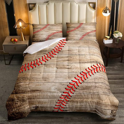 Erosebridal Baseball Bedding Set for Kids Boys Teens Full,Sports Games Comforter Set Retro Rustic Wooden Board Quilt Duvet Sets American Baseball Country Down Comforter with 2 Pillow Cases