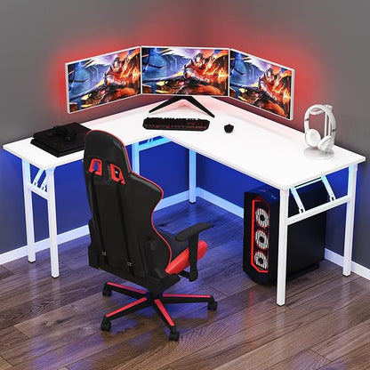 DlandHome L-Shaped Folding Computer Desk 55inches and 55inches Left and Right Adjustable Half-Installed Home Office Workstation Corner Table,White +White