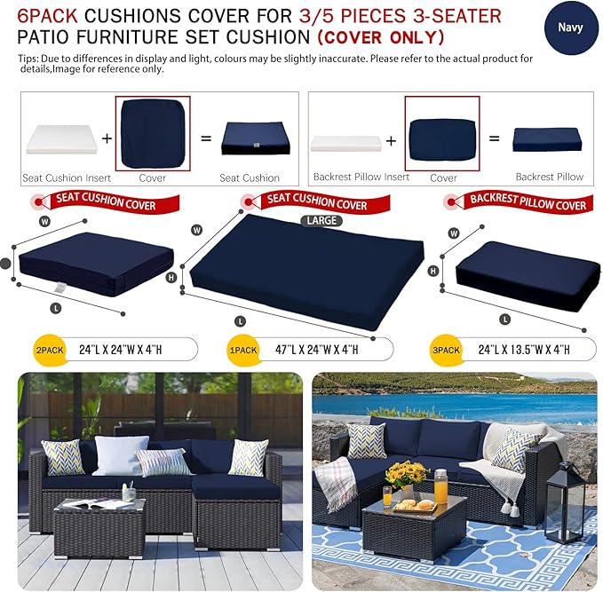 ClawsCover 6Pack Outdoor Seat and Back Cushions Replacement Covers Fit for 3 Pieces 3-Seater Wicker Rattan Patio Furniture Conversation Set Sectional Couch Chair,Navy-Include Cover Only