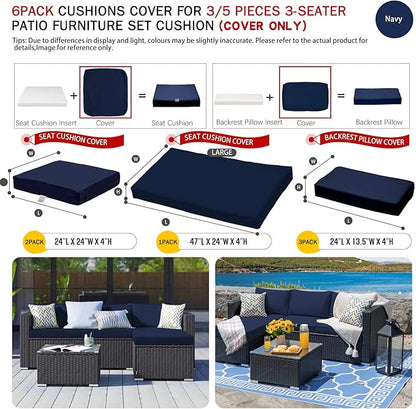 ClawsCover 6Pack Outdoor Seat and Back Cushions Replacement Covers Fit for 3 Pieces 3-Seater Wicker Rattan Patio Furniture Conversation Set Sectional Couch Chair,Navy-Include Cover Only