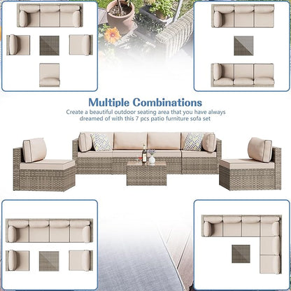 Shintenchi 7 Pieces Outdoor Patio Sectional Sofa Couch,Natural PE Wicker Furniture Conversation Sets with Washable Cushions & Glass Coffee Table for Garden, Poolside, Backyard (Khaki)