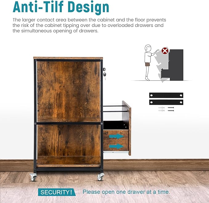 Lateral File Cabinet, 2 Drawer Mobile Filing Cabinet with Outlet, Open Storage Side Shelves, Locking Drawer Fits A4/Letter/Legal Size File Cabinets for Home Office, Brown
