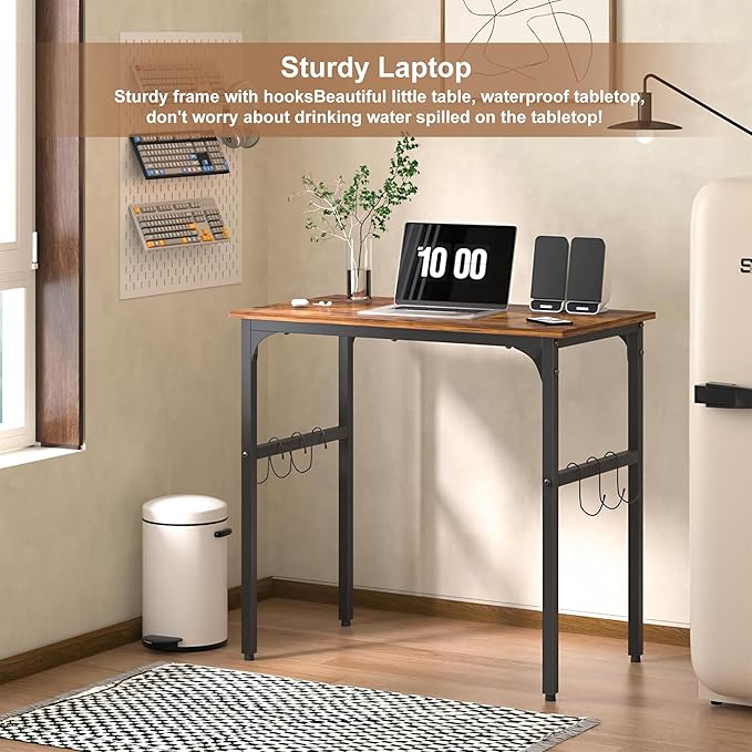 VECELO 32 Inch Small Computer Stable Writing Study Work 4 Hooks Adjustable Feet Wooden Desk for Home,Bedroom,Rusic Brown, 32Inches