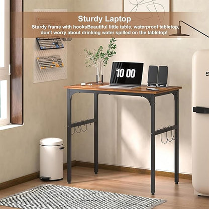 VECELO 32 Inch Small Computer Stable Writing Study Work 4 Hooks Adjustable Feet Wooden Desk for Home,Bedroom,Rusic Brown, 32Inches