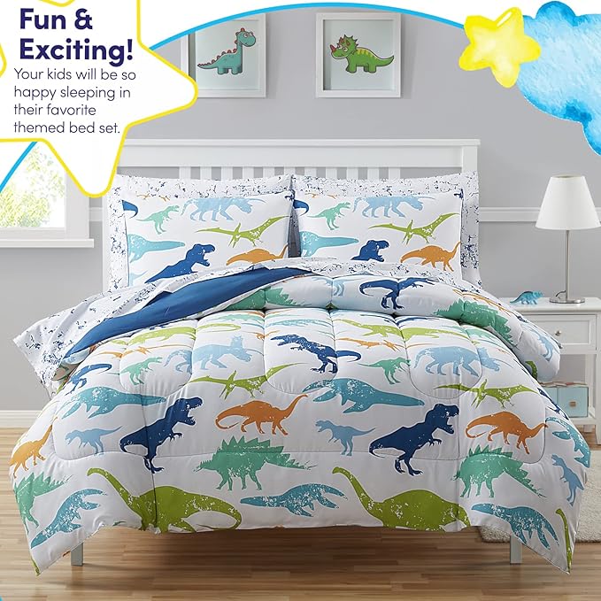 Kids Bedding Set Bed in a Bag for Boys and Girls Toddlers Printed Sheet Set and Comforter, Full, Dinosaur (Pack of 4)
