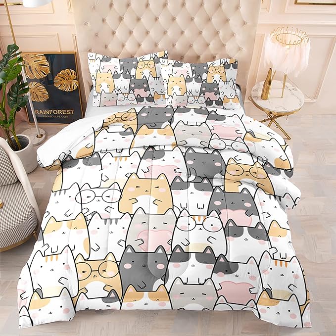 Kawaii Cat Comforter Twin Size,Cats Comforter Set for Kids Teens Girls Boys,3Pcs Bedding Set Printed Comforter with 2 Pillowcases,Down Alternative,Soft and Lightweight，Twin Size