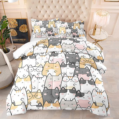 Kawaii Cat Comforter Twin Size,Cats Comforter Set for Kids Teens Girls Boys,3Pcs Bedding Set Printed Comforter with 2 Pillowcases,Down Alternative,Soft and Lightweight，Twin Size