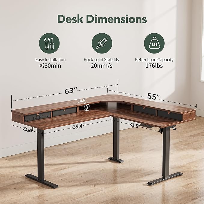 FEZIBO 63" L Shaped Standing Desk with 4 Drawers, Electric Standing Gaming Desk Adjustable Height, Corner Stand up Desk with Splice Board, Black Frame/Black Walnut Top