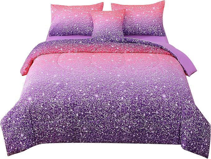 JQinHome Twin Pink Purple Comforter Set, 6 Piece Bed in A Bag 3D Colorful Bedding Set for Girls kids (1 Comforter,2 Pillowcases,1 Flat Sheet,1 Fitted Sheet,1 Cushion Cover)(Pink Purple)
