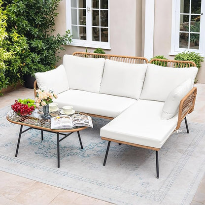 Greesum Outdoor Rope Woven Patio Furniture L-Shaped Conversation Sectional Sofa Set Detachable Lounger for Backyard Porch with Thick Cushions & Long Table, White