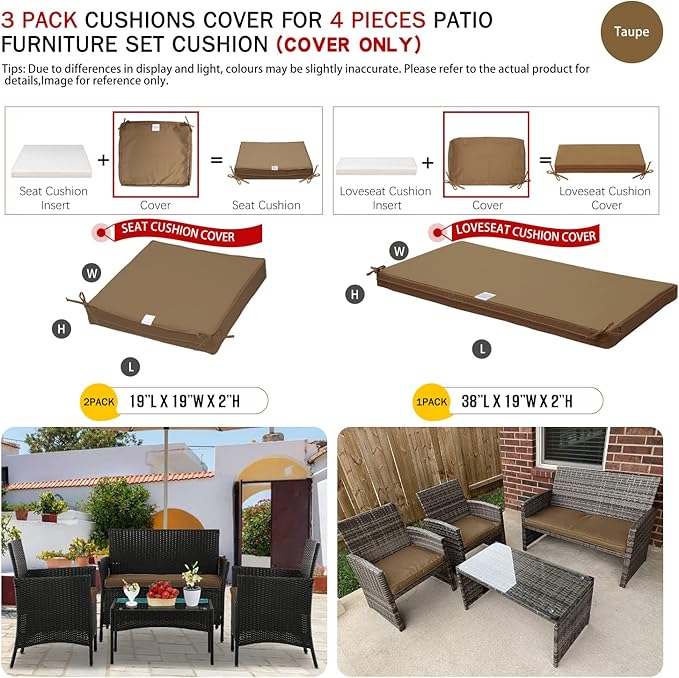 ClawsCover 3Pack Outdoor Seat Cushions Replacement Covers Fit for 4 Pieces Wicker Rattan Furniture Patio Conversation Set Loveseat Chair,38x19x2,19x19x2,Taupe-Large (Include Cover Only)