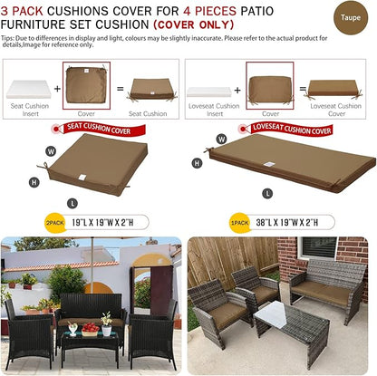 ClawsCover 3Pack Outdoor Seat Cushions Replacement Covers Fit for 4 Pieces Wicker Rattan Furniture Patio Conversation Set Loveseat Chair,38x19x2,19x19x2,Taupe-Large (Include Cover Only)