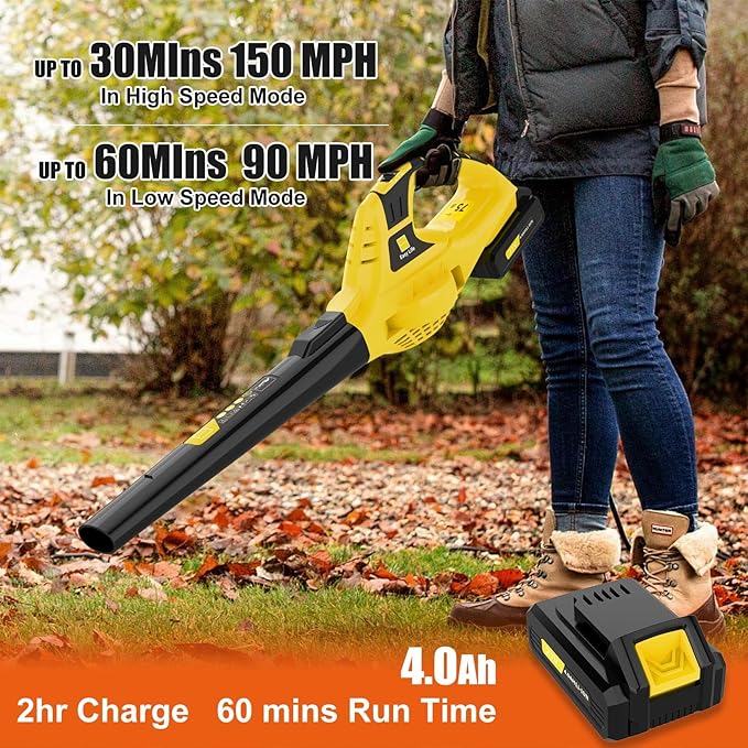 Leaf Blower Cordless,4.0 Ah 21V Handheld Electric Leaf Blower with Battery and Fast Charger, 2 Speed Mode, Lightweight Battery Powered Leaf Blowers for Lawn Care, Patio, Yard, Sidewalk
