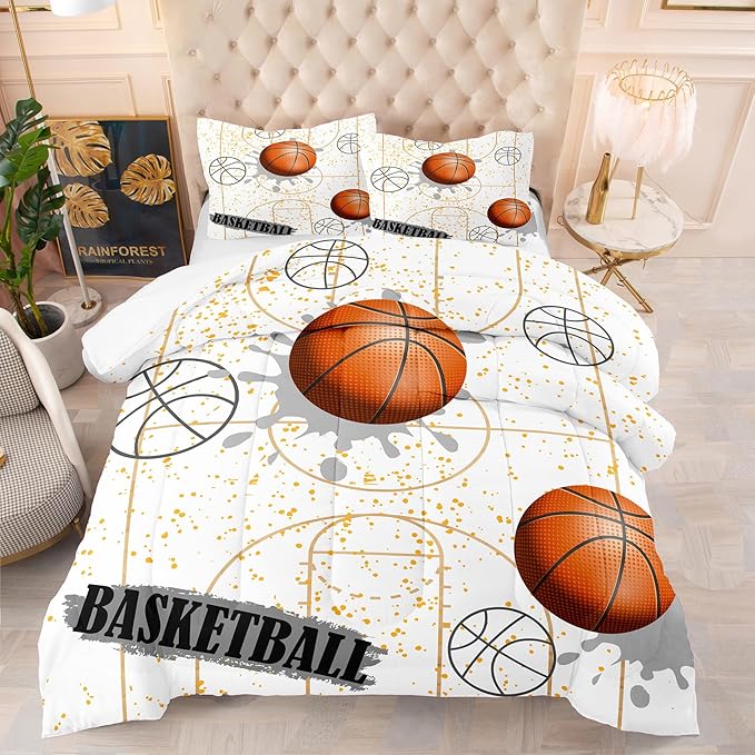 NINENINE White Basketball Comforter Sets for Teen Boys Full Size Sports Bedding White and Gold Comforter Sets with 1 Comforter 2 Pillowcases