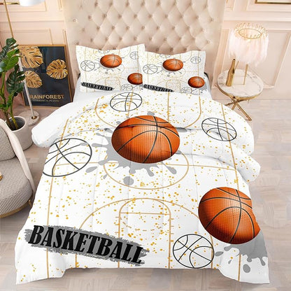NINENINE White Basketball Comforter Sets for Teen Boys Full Size Sports Bedding White and Gold Comforter Sets with 1 Comforter 2 Pillowcases