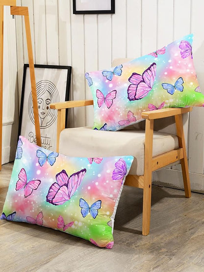 Datura home Bedding Comforter Set Rainbow Watercolor Butterfly Printed Pattern Quilt with 1 and 2 Pillowcases for Girls Bedroom All Season(Butterfly Queen) Queen 90x90inches
