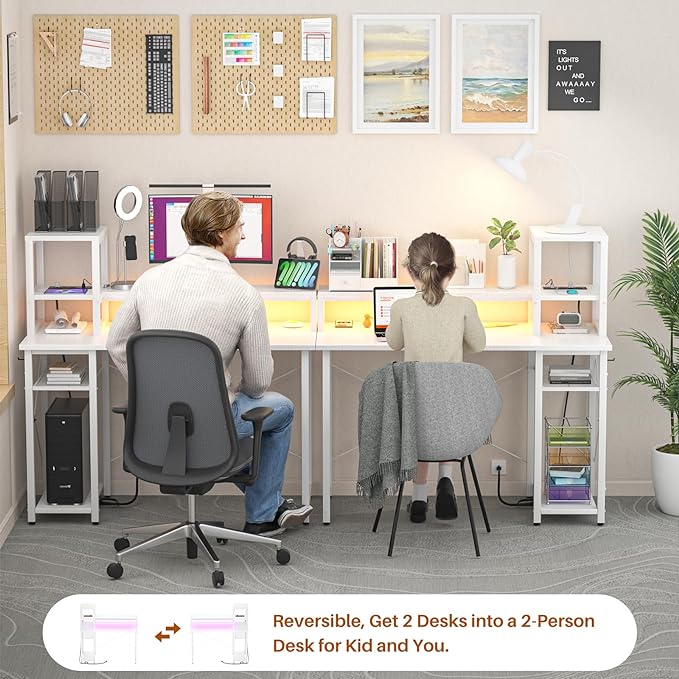 armocity 2024 Upgrade Gaming Desk with LED Lights, Small Computer Desk with Long Monitor Stand, 40'' Reversible Laptop Table with Storage Shelves, Small Desk for Small Spaces, Gaming Room, White