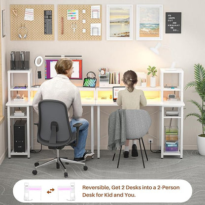armocity 2024 Upgrade Gaming Desk with LED Lights, Small Computer Desk with Long Monitor Stand, 40'' Reversible Laptop Table with Storage Shelves, Small Desk for Small Spaces, Gaming Room, White