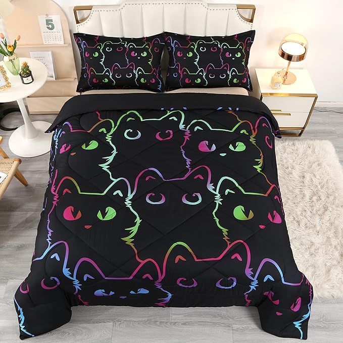 ENCOFT Cats Bedding Set Black Comforter Set Twin for Girls and Boys Premium 3 Piece Cat Bed Set Comfortable and Breathable for Teens and Adults with 1 Comforter and 2 Pillowcases
