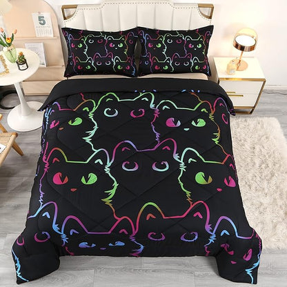 ENCOFT Cats Bedding Set Black Comforter Set Twin for Girls and Boys Premium 3 Piece Cat Bed Set Comfortable and Breathable for Teens and Adults with 1 Comforter and 2 Pillowcases