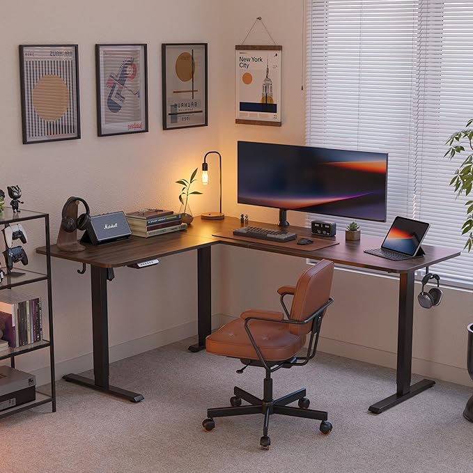 FEZIBO 63" L Shaped Standing Desk Height Adjustable, Electric Stand up Corner Desk, Sit Stand Home Office Desk with Splice Board, Black Frame/Black Walnut Top